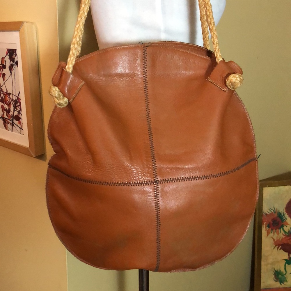 Vintage 70s Genuine 100% Leather Honey-Brown Dual-Rope Handle Round Bag GROOVY